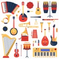 Musical instruments. Cartoon doodle music guitar, drums, piano synthesizer and harp, jazz band musical instruments