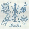 Musical instruments. Children& x27;s toys. Set. Violin, drum, glocken