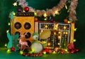 Musical instruments for christmas with grungy cardboard models of musical instruments, synthesizer,drum kit,guitar,amplifier,