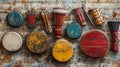 musical instruments collage, an array of tambourines, maracas, harmonicas, and flutes among musical notes, creating a Royalty Free Stock Photo