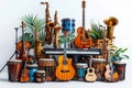 Musical instruments collage guitar, violin, piano, drums, saxophone, trumpet studio concept