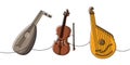 Musical instruments collection one line colored continuous drawing. Lute, violin, bandura continuous one line