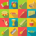 Musical instruments color icons set, flat style Royalty Free Stock Photo