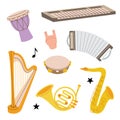 Musical instruments. Djembe drum, bongo, congo, synthesizer piano, accordion, saxophone, french horn, lyre, wooden harp
