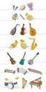 Musical instruments. Djembe drum, bongo, maracas, xylophone, flute, trumpet, lute, violin, bandura, tuba, french horn