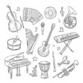 Musical instruments doodles. Drum flute synthesizer accordion guitar microphone piano musical notes retro hand drawn Royalty Free Stock Photo