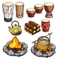 Musical instruments drums and elements of camping