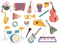 Musical instruments. Electronic and traditional instruments, cartoon style isolated orchestral tools. Brass, strings and