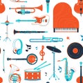 Musical instruments, equipment retro vector flat seamless pattern