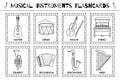 Musical instruments black and white flashcards collection. Flash cards collection for coloring