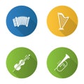 Musical instruments flat design long shadow glyph icons set Royalty Free Stock Photo