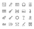 Musical instruments flat line icons set. Dj equipment, sound recording studio, piano, guitar, saxophone vector