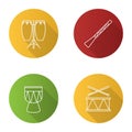 Musical instruments flat linear long shadow icons set