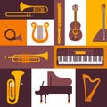 Musical instruments flat style icons, vector illustration. Collage of isolated emblems and stickers. Piano, keyboard