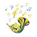 Musical instruments graphic template. French horn. Watercolor illustration with note