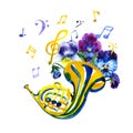 Musical instruments graphic template. Summer watercolor illustration. French horn.