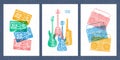 Musical instruments, guitar, fiddle, violin, clarinet, banjo, trombone, trumpet, saxophone, sax. Hand drawn vector illustration. Royalty Free Stock Photo