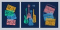 Musical instruments, guitar, fiddle, violin, clarinet, banjo, trombone, trumpet, saxophone, sax. Hand drawn vector illustration. Royalty Free Stock Photo