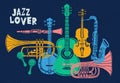 Musical instruments, guitar, fiddle, violin, clarinet, banjo, trombone, trumpet, saxophone, sax. Hand drawn vector illustration. Royalty Free Stock Photo