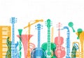 Musical instruments, guitar, fiddle, violin, clarinet, banjo, trombone, trumpet, saxophone, sax. Hand drawn vector illustration.