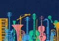 Musical instruments, guitar, fiddle, violin, clarinet, banjo, trombone, trumpet, saxophone, sax. Hand drawn vector illustration. Royalty Free Stock Photo