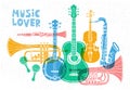 Musical instruments, guitar, fiddle, violin, clarinet, banjo, trombone, trumpet, saxophone, sax. Hand drawn vector illustration.