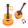 Musical instruments guitars or banjo and music notes vector isolated flat icons