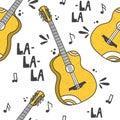 Musical instruments, colorful seamless pattern. Decorative background with guitars Royalty Free Stock Photo