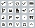 Musical Instruments Icons Black & White Flat Design Circle Set Big