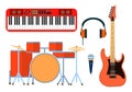 Musical instruments icons for musical group. Guitar synthesizer, drum, microphone, headphones for band. Flat design