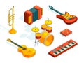 Musical instruments. Isometric pictures set of various colored musician tools