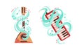 Musical Instruments with Keyboard and Balalaika Twisted with Decorative Swirling Line and Note Vector Set