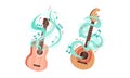 Musical Instruments with Lute and Guitar Twisted with Decorative Swirling Line and Note Vector Set