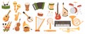 Musical instruments mega set in cartoon graphic design. Bundle elements of drum, maracas, banjo, accordion, guitar, bandura, Royalty Free Stock Photo