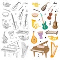 Musical instruments for music school design. Tuba, trumpet, drum flute, french horn, lute, violin, electric bass guitar