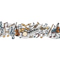 Musical instruments and notes are illustrated against a white background. The image Royalty Free Stock Photo