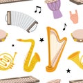 Musical instruments pattern. Tuba, trumpet, drum flute, french horn, lute, violin, bass guitar, acoustic guitar. Colored