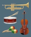 Musical instruments. Piano sax guitar and other handy instruments for music band vector realistic set Royalty Free Stock Photo