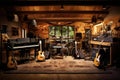 Musical instruments in a recording studio. Guitar, piano electric guitar, Indoor recording studio with guitars amps and pianos