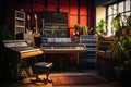 Musical instruments in the room of a music studio. Music concept, Vintage music recording studio with amps and synthesizer, AI