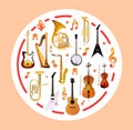 Musical instruments on round shape. Vector illustration.