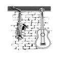 Musical instruments saxophone and guitar on the brick wall Royalty Free Stock Photo