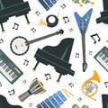 Musical instruments Seamless Pattern, Piano, Banjo, Guitar, French Horn, Trumpet, Synthesizer, Design Element Can Be