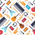 Musical instruments seamless pattern. Vintage piano synthesizer, rock guitar and drums. Music vector flat background Royalty Free Stock Photo