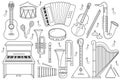 Musical instruments black and white set. Collection with doodle music elements Royalty Free Stock Photo