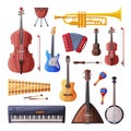 Musical Instruments Set, Cello, Violin, Guitar, Balalaika, Drum, Xylophone, Maracas, Piano Flat Style Vector Royalty Free Stock Photo