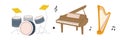 Musical instruments set. Drum kit, lyre, wooden harp, grand piano silhouette. Vector illustration.