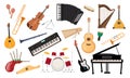 Musical instruments set. Folk classical musical equipment violin, bagpipe harp synthesizer.