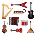 Musical instruments set, harp, synthesizer, guitars, accordion, balalaika, drum vector Illustration on a white