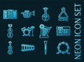 Musical instruments set icons. Blue neon style Royalty Free Stock Photo